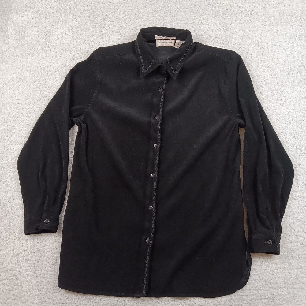 Lemon Grass Button Down Shirt Women L Black Faux Suede Embroidered Stretch